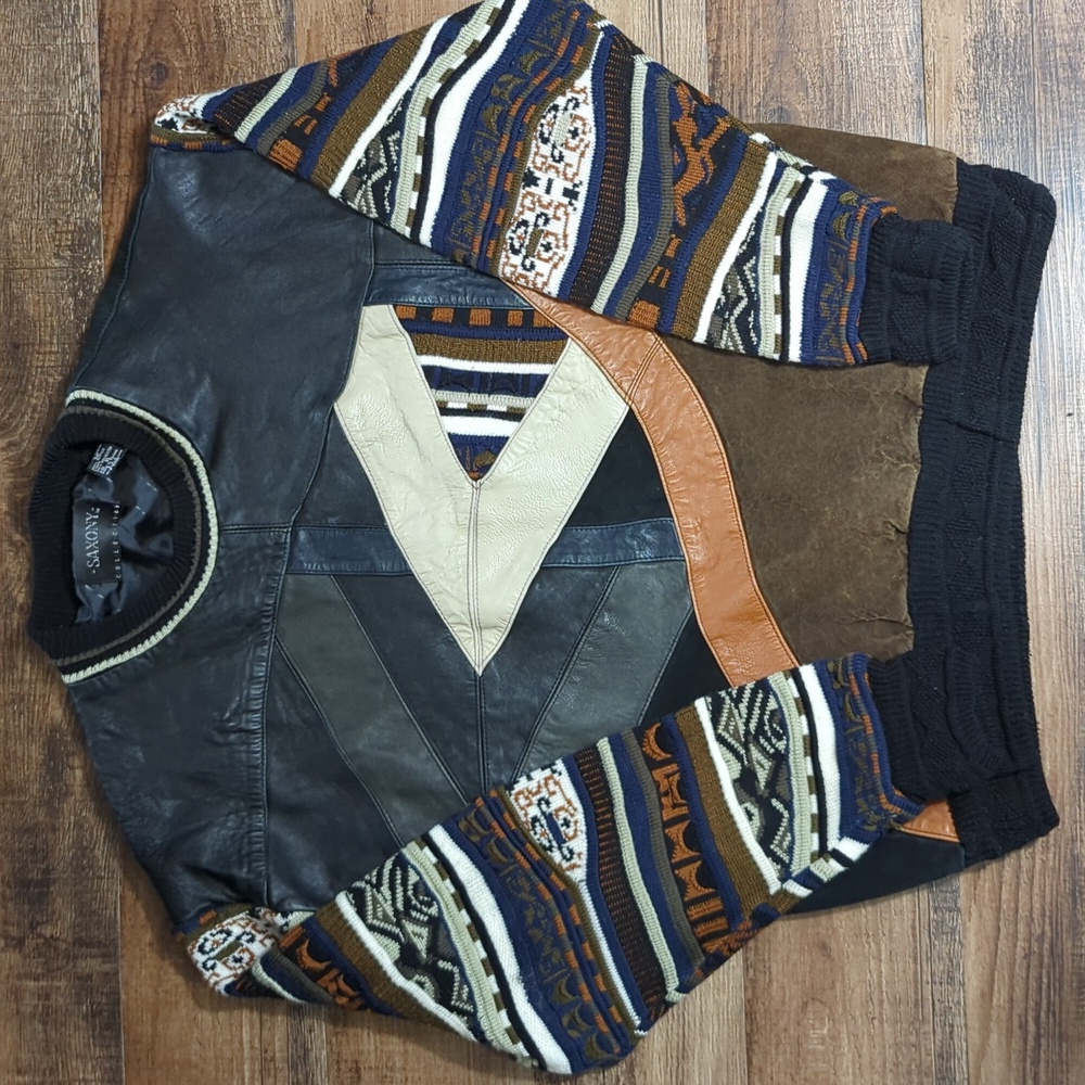 Vintage 80s Saxony Leather Patchwork Sweater Size XL